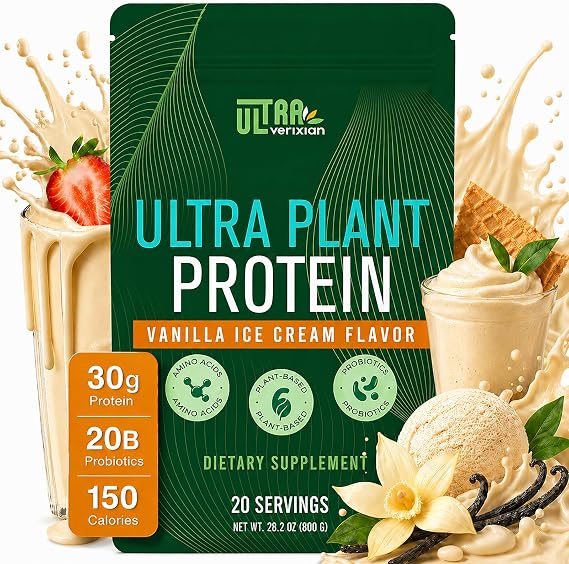 30g Organic Vegan Protein Powder, Plant-Based Protein Powder, Meal Replacement, 20 Billion Probiotics, 0g Sugar, Energy, Focus, Recovery, Dairy-Free, Easy Digestion, Vanilla, 20 Servings