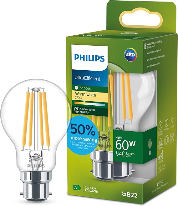 PHILIPS Ultra Efficient - Ultra Energy Saving Lights, LED Light Source, 60W, A60, B22 Warm White 2700 Kelvin, Clear [Energy Class A]