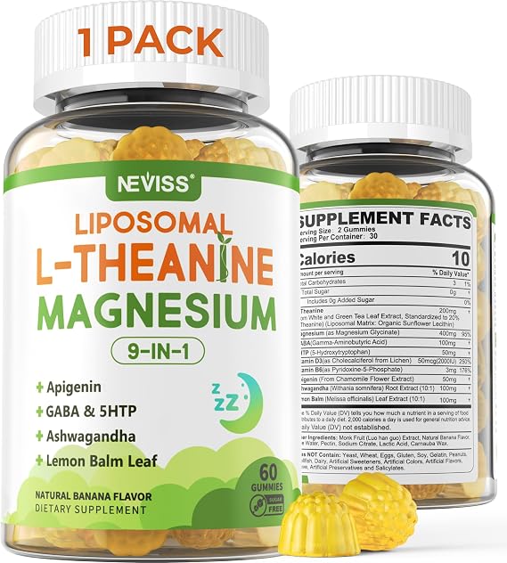 Liposomal L-Theanine 200mg Magnesium Glycinate 400mg Gummies with GABA, 5HTP, Apigenin, Vitamin B6 & D3, Ashwagandha, Lemon Balm Leaf, Melatonin Free Sleep Chewable for Relax Mood & Muscle, 1 Pack