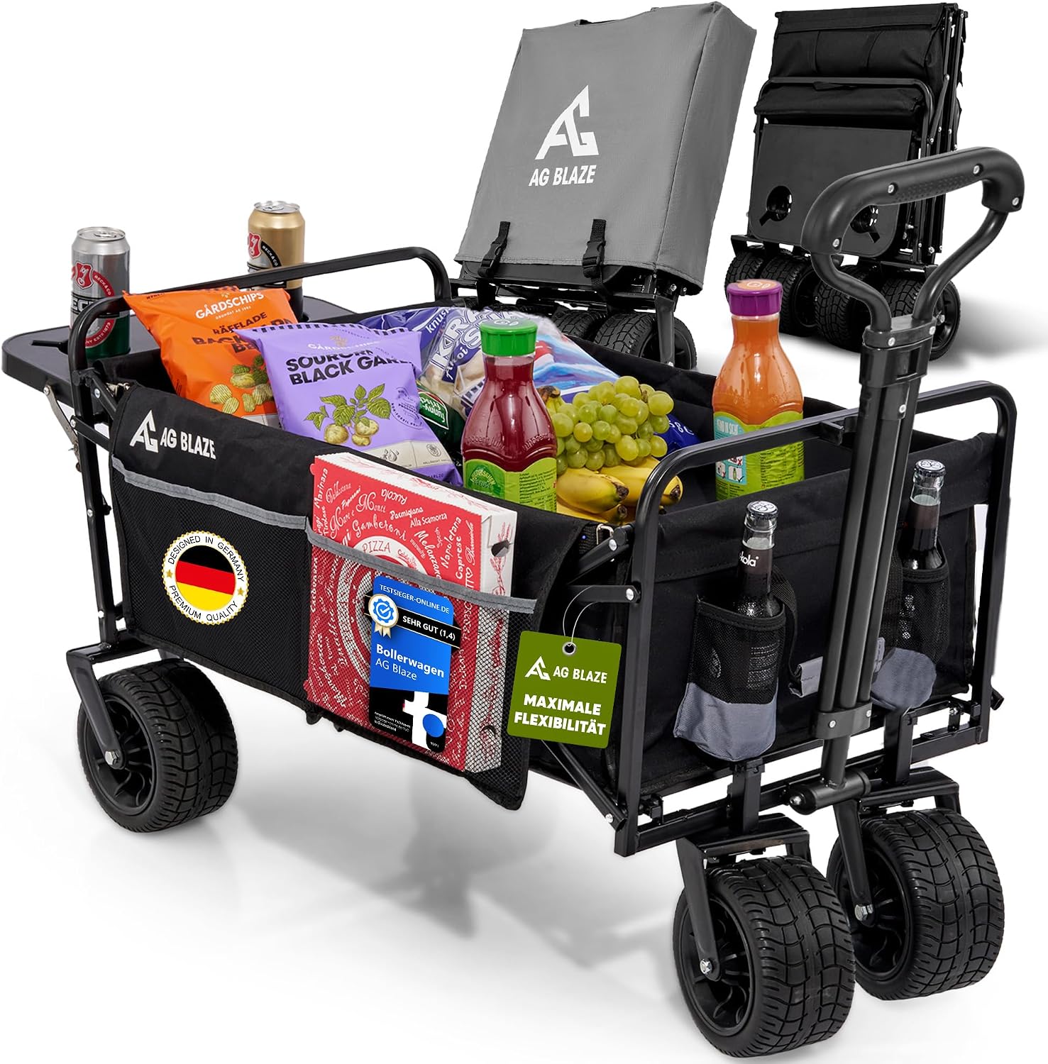AG Blaze Handcart with Folding Table and Rain Cover [Multifunctional] Ideal for Hiking - Hand Trolley with Brakes - Foldable Handcart Foldable with Roof Foldable Handcart Children