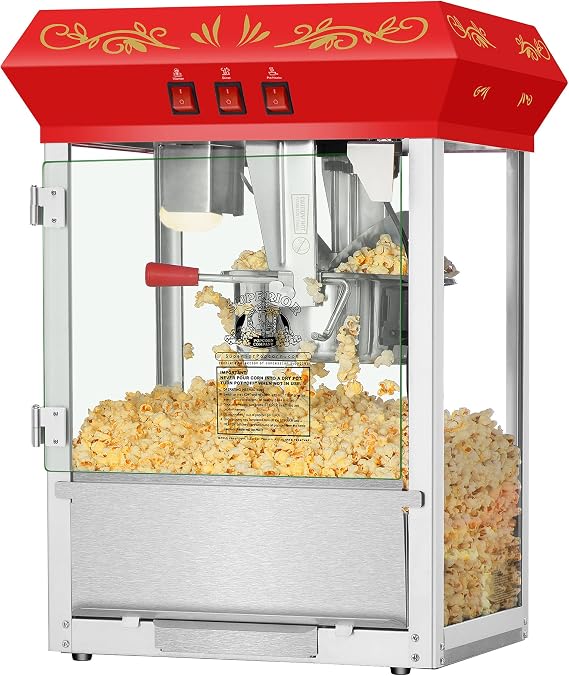 Carnival Countertop 8oz Popcorn Machine, Red | Popcorn Maker Machine with 8oz Kettle Popper, Warmer, and 5 All-in-One Kernel Packs