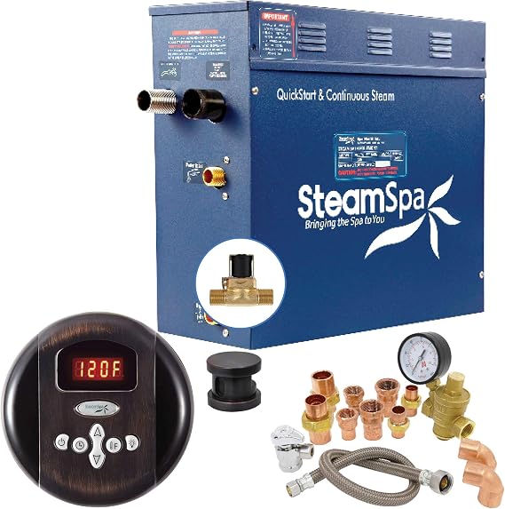 9kW Steam Sauna Generator Premium Bundle 240V Steam Generator with Analog Pad Control, Steamheads, Pressure Relief Valve, Built-in Auto Drain and Plumber Quick Install Kit PRR900OB-A