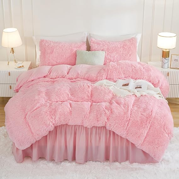 Andency Pink King Size Comforter Set, Fluffy Faux Fur Warm Bedding Set | Winter Soft Plush Velvet Bedding Comforters Set for King Size Bed, Fuzzy Thick Heavy Puffy Comforter Blanket Set