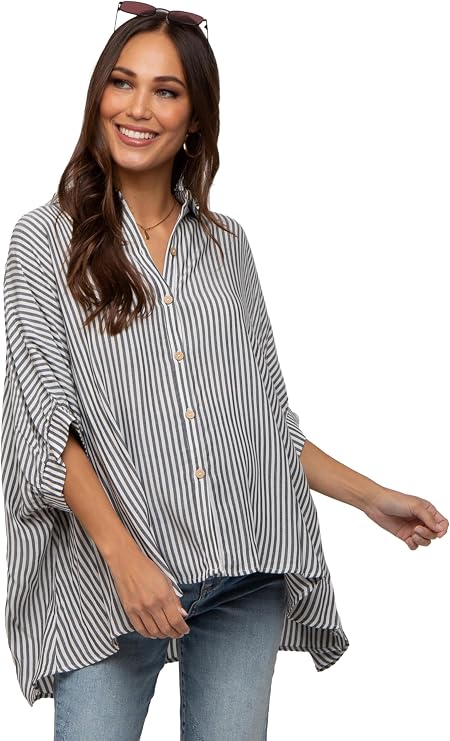 PinkBlush Charcoal Striped Button Up Dolman Maternity Top