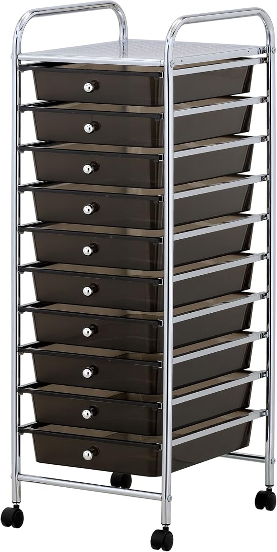 VonHaus Storage Trolley, 10 Drawer Black Wheeled Makeup Trolley, Durable Storage with Plastic Drawers, Chrome Frame & 360° Wheels, Versatile Organiser for Bedroom, Bathroom, Home Office