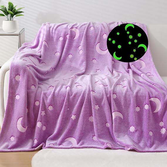 Glow in The Dark Purple Blanket for Girls 7 8 9 10 11 12 Year Old Birthday Gifts Star Moon Purple Throw Blanket for Girls Women 60x80 Inch - Purple
