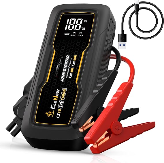 EcoNour Battery Jumper Starter Portable 1600A Peak Up to 7L Gas & 5L Diesel Engines 12V Lithium Jump Box with Jumper Cables, USB Charger, LCD