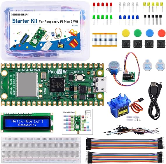 GeeekPi Starter Kit for Raspberry Pi Pico 2 W (Included), Dual Arm Cortex-M33 and Dual Hazard3 RISC-V Microcontroller, with Detailed Tutorial, 159 Items, 9 Projects, Python C Code