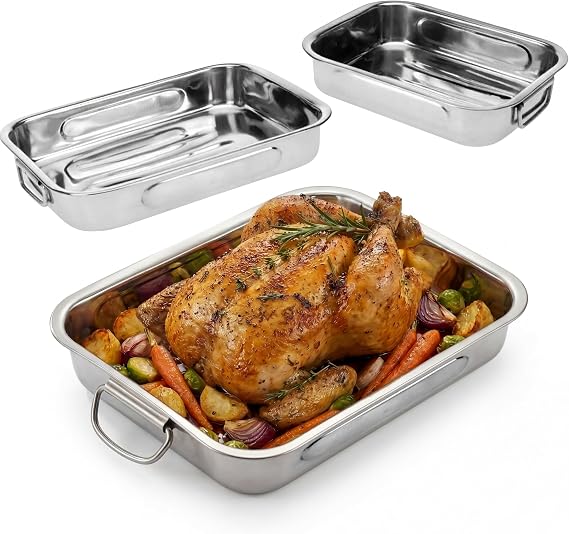 GEEZY Set of 3 Stainless Steel Roasting Tins (27, 31 & 36cm) - Large Rectangular Oven Roasting Tray with Movable Handles - Deep Nesting Baking Dish for Cooking Meat, Lasagne & Turkey
