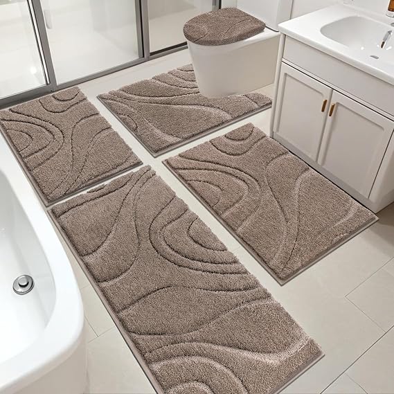 HEBE Bathroom Rugs Sets 5 Piece, Non Slip Washable Absorbent Bath Mat Set | Super Soft Plush Microfiber Bathroom Mats with Runner Set, Solid Bathmat with U-Shaped Toilet Rug Cover Set for Tub, Shower