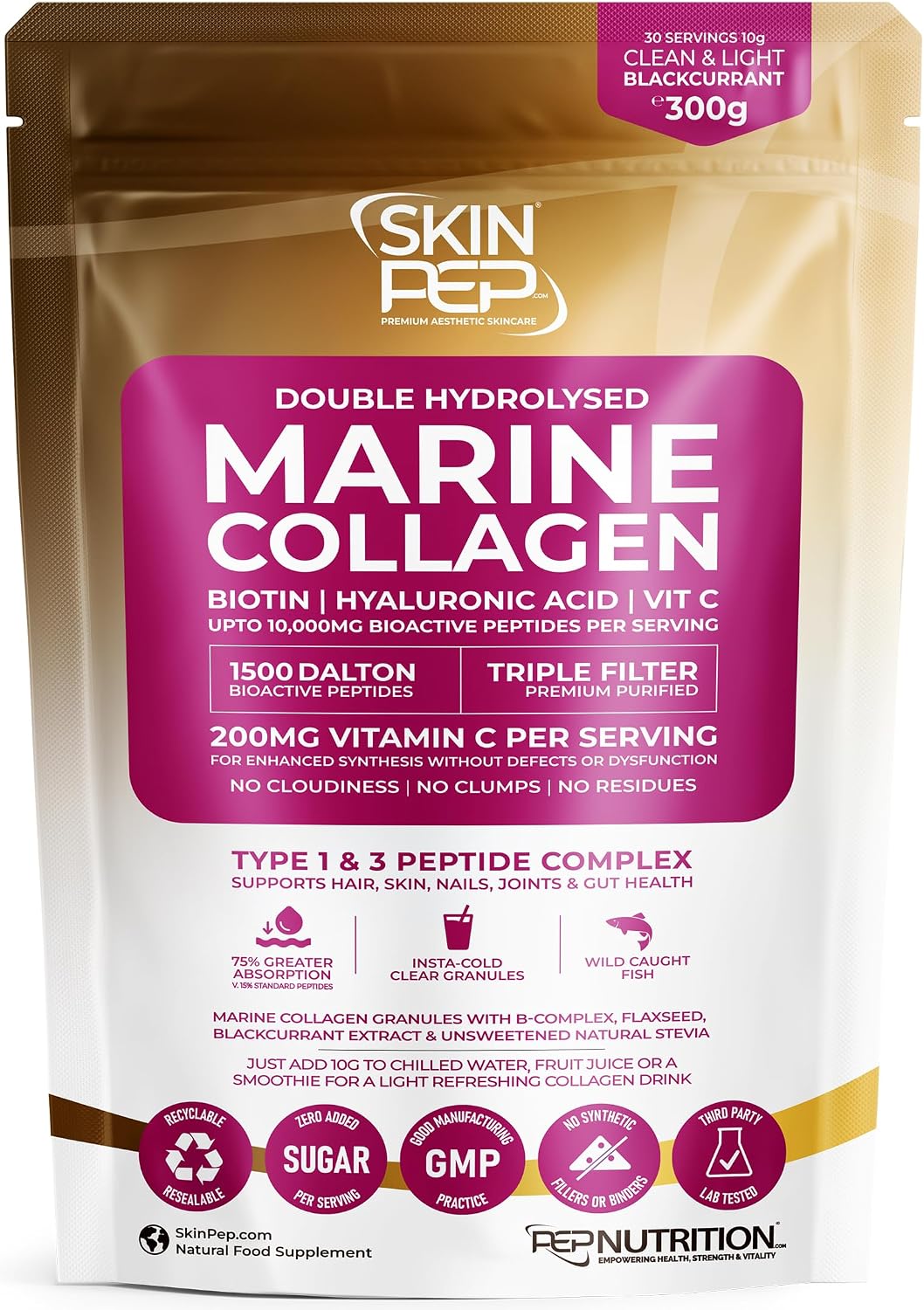 Premium Hydrolysed Marine Collagen Peptide Powder  VIT C, B Complex Hyaluronic Acid, Stevia. Clean Light TasteNo Fishy Smell - SkinPep Collagen Re-Nu 300g - 30 Days Supply