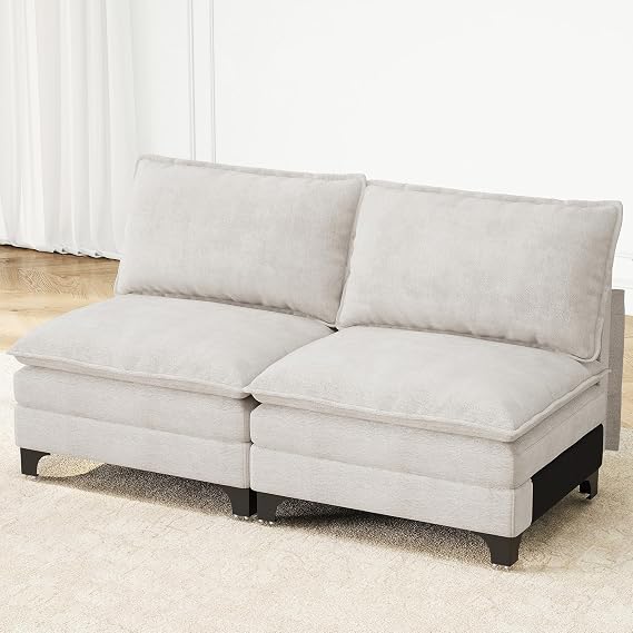 Modular Sofa 2 Seat Middle Module, Chenille Accent Armless Chair for Modular Sectional Cloud Couch, Light Grey