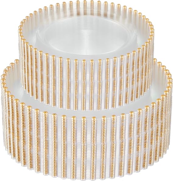 PLASTICPRO 128 Piece Combo Plastic Dinner Plates Disposable Plastic Fancy Heavy Duty Party Dishes 7 inch and 10 inch, Clear and Gold Beaded
