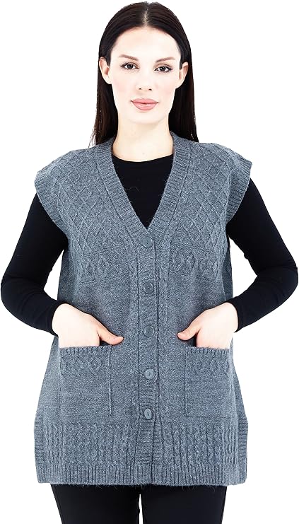 Fresh&Moda | Kadın V Yaka Düğmeli Cepli Örgü Yün Triko Anne Kısa Yelek