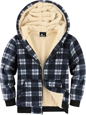 V VALANCH Boys Flannel Jacket Hooded Fleece Lined Zip-up Hoodies Plaid Coat for Kids