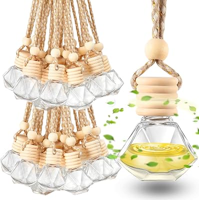 Rtteri 100 Pcs Hanging Car Air Freshener Diffuser Bottles Empty Glass Perfume Diffuser Vials Refillable Oil Aromatherapy Pendant with Wooden Caps and Hanging String for Car Home Office DecorDiamond