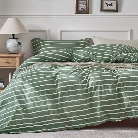 JELLYMONI Cotton Duvet Cover Twin XL Size - Green Striped Comforter Cover with Button 100% Washed Cotton 2PCS Breathable Soft Solid Bedding Set Duvet Cover 6692in & 1 Pillowcase (NO Comforter)