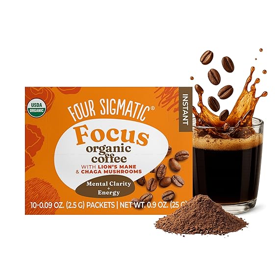 Four Sigmatic Focus Organic Mushroom Coffee | Instant Mushroom Coffee Mix with Lions Mane, Chaga and Rhodiola for Better Focus and Immune Support | 10 Packets