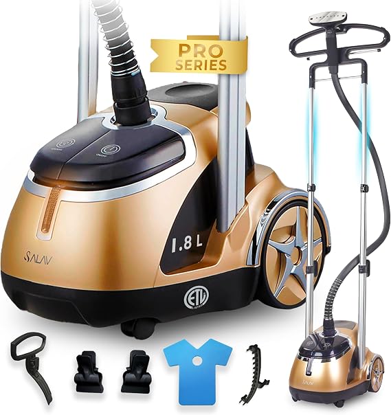 SALAV Limited Edition Professional Series Dual Bar Garment Steamer with Foot Pedals, Stainless Steel Steam Plate, Retractable Power Cord, 1.8L (60.8 oz) Water Tank, 1500 watts, 60+mins of Steam