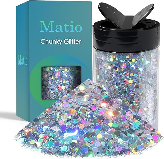 Holographic Chunky Glitter, 7.8oz/220g Silver Craft Glitter for Resin Chunky Nail Flake Sequin Mixed Fine Glitter Powder Bulk Holographic Glitter for Nail Art Tumbler Cosmetic Festival Decor