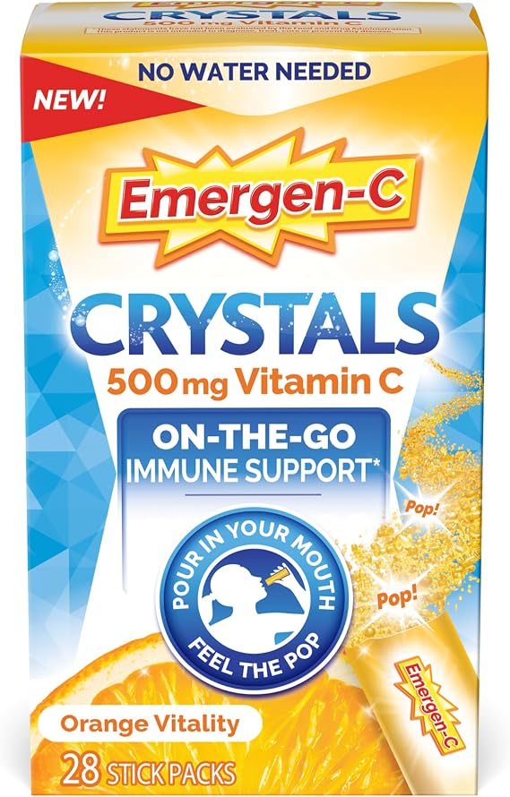 Emergen-C Crystals, On-the-Go Emergen-C Immune Support Supplement with Vitamin C, B Vitamins, Zinc and Manganese, Orange Vitality - 28 Stick Packs