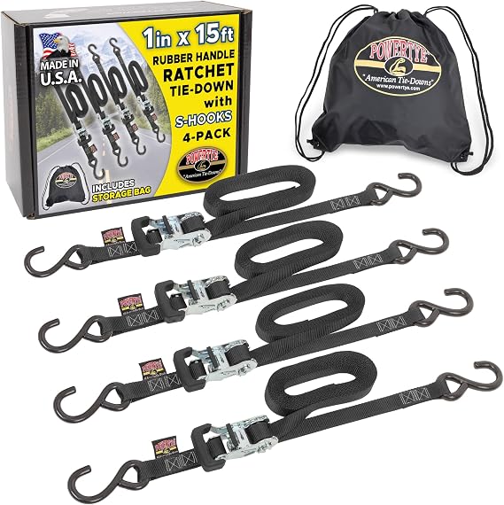 PowerTye 1 inch x 15ft Rubber Handle Silver Ratchet Straps with 4 inch S-Hooks & Storage Bag - 500 lb. W.L.L., Ideal for Motorcycles, Truck Beds, Trailers & Cargo, Made in USA - Black (4-Pack)