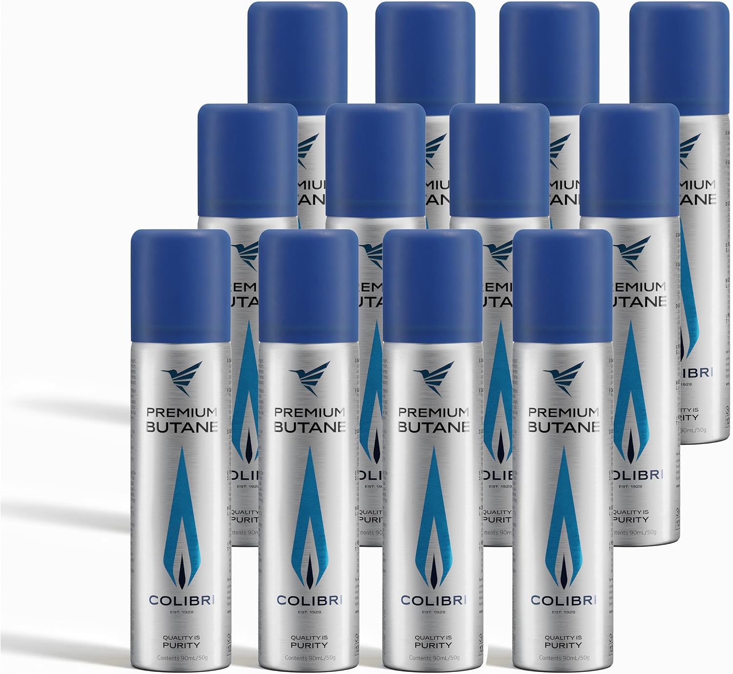 Colibri Butane Gas 12 x 90 ml for refilling lights flame burners kitchen burners Bunsen burners etc. Lighter gas refill bottle with premium butane gas in practical pocket size