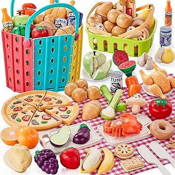 LAUGIGLE 86Pc Wheat Straw Play Food for Kids Kitchen-Toy Food with 2 Baskets & Picnic Blanket, Realistic Cutting Pizza, Grocery Cans, Pretend Play Kitchen Accessories & Toddler Toys for Boys Girls 3+