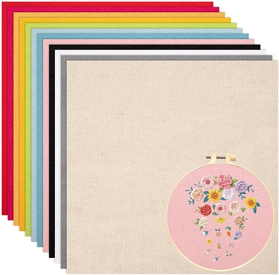 12 Sheets 12 Colors Embroidery Fabric Linen Needlework 7.87.8Inch | Pre-Cut Natural Embroidery Cloth Fabric, Embroidery Cloth Squares for Embroidery Garment Craft