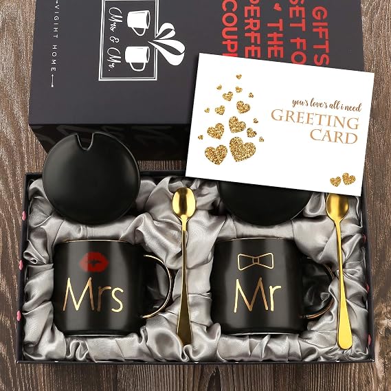 Mr Mrs Coffee Mugs Gifts Set, Engagement Bridal Shower Wedding Newlyweds Marriage Anniver-sary-Gifts for Couples, Bride Groom, Valentine Gift-s for Her - Ceramic Marble Cups 15Oz Black