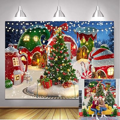 Merry Christmas Photography Backdrop 8x6ft Cartoon Fairy Tale Village Xmas Fabric Background Xmas Tree Winter Snow New Year Banner Kid Christmas Eve Party Photo Decor Supplies