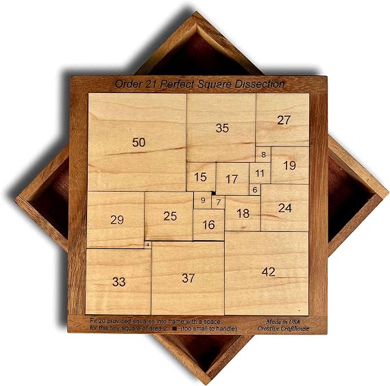 Puzzle Gift Ideas for Adults - Order 21 Perfect Square Dissection - Handmade Wooden Math Brain Teaser Puzzle by Creative Crafthouse