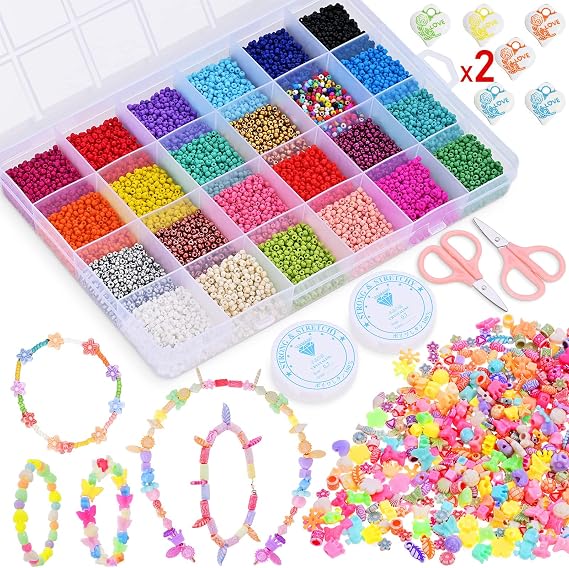 2 Boxes of Beads for Jewelry Making, GOLDGE Beads for Bracelets, 12000pcs 2mm Glass Seed Beads and 550pcs Pony Beads, Beads for Bracelets Making