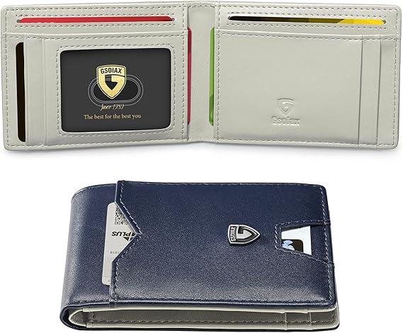 GSOIAX Slim Wallet for Men RFID Blocking Front Pocket Bifold Carbon Fiber Credit Card Holder with Gift Box, Dark Blue and Beige, Slim