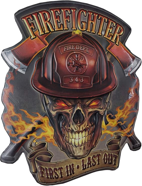 American Art Decor Embossed Metal Wall Art Sign - Room Decor for Bar, Man Cave, Garage, Game Room & More (Firefighter: First In, Last Out, 17" x 14" x 0.5")