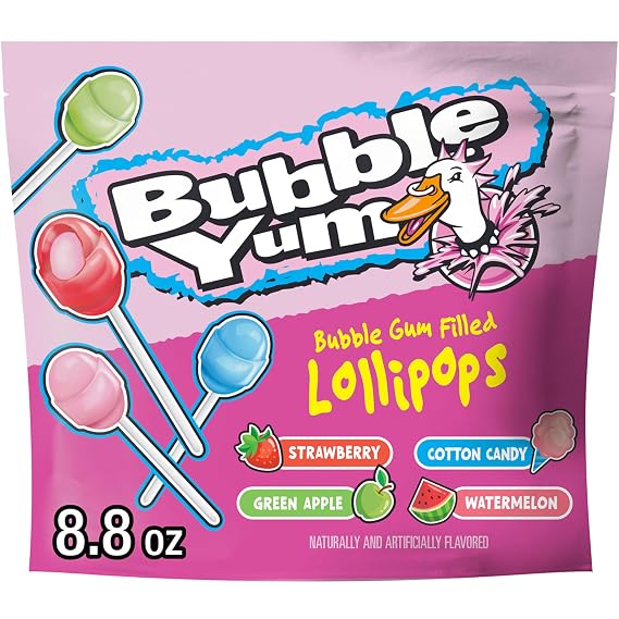 BUBBLE YUM Assorted Bubble Gum Filled Lollipops Bag, 8.8 oz
