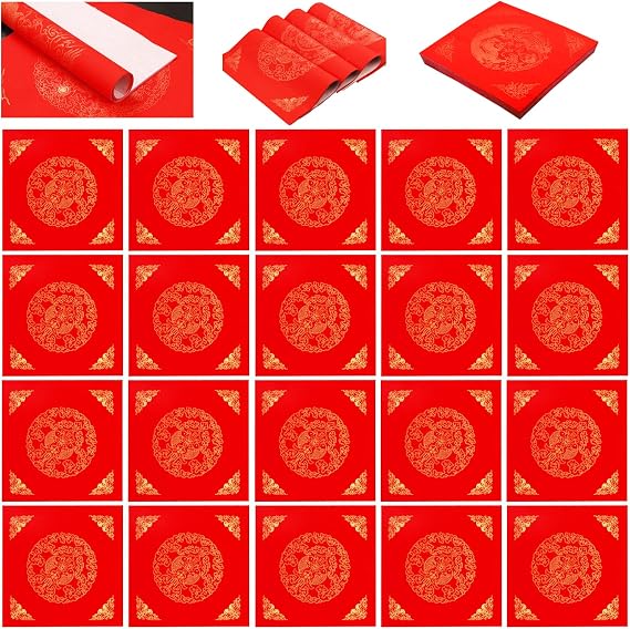 20 PCS Red Blank Fu Character Xuan Paper Red Dou Fang Xuan Paper Square Fu Character Paper for Spring Festival Chinese New Year Decorations