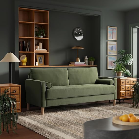 Studio Living Lexington 75.6" Sofa, Mid-Century Modern, Pocket Coil Comfort, Easy Assembly, Velvet Fabric, Olive Green