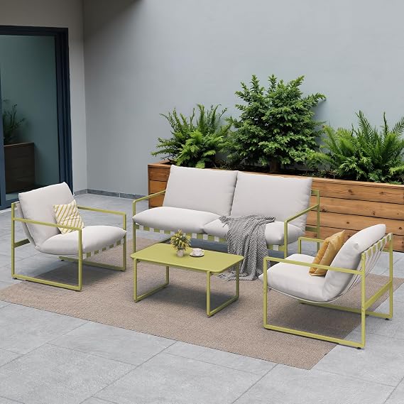 Grand patio Garden Furniture Set, Outdoor Table and Chairs Set 4 with Cushions, Include 1 Coffee Table, 1 Sofa, 2 Armchairs, Balcony Furniture Sets for Backyard, Living Room (Moss Green)