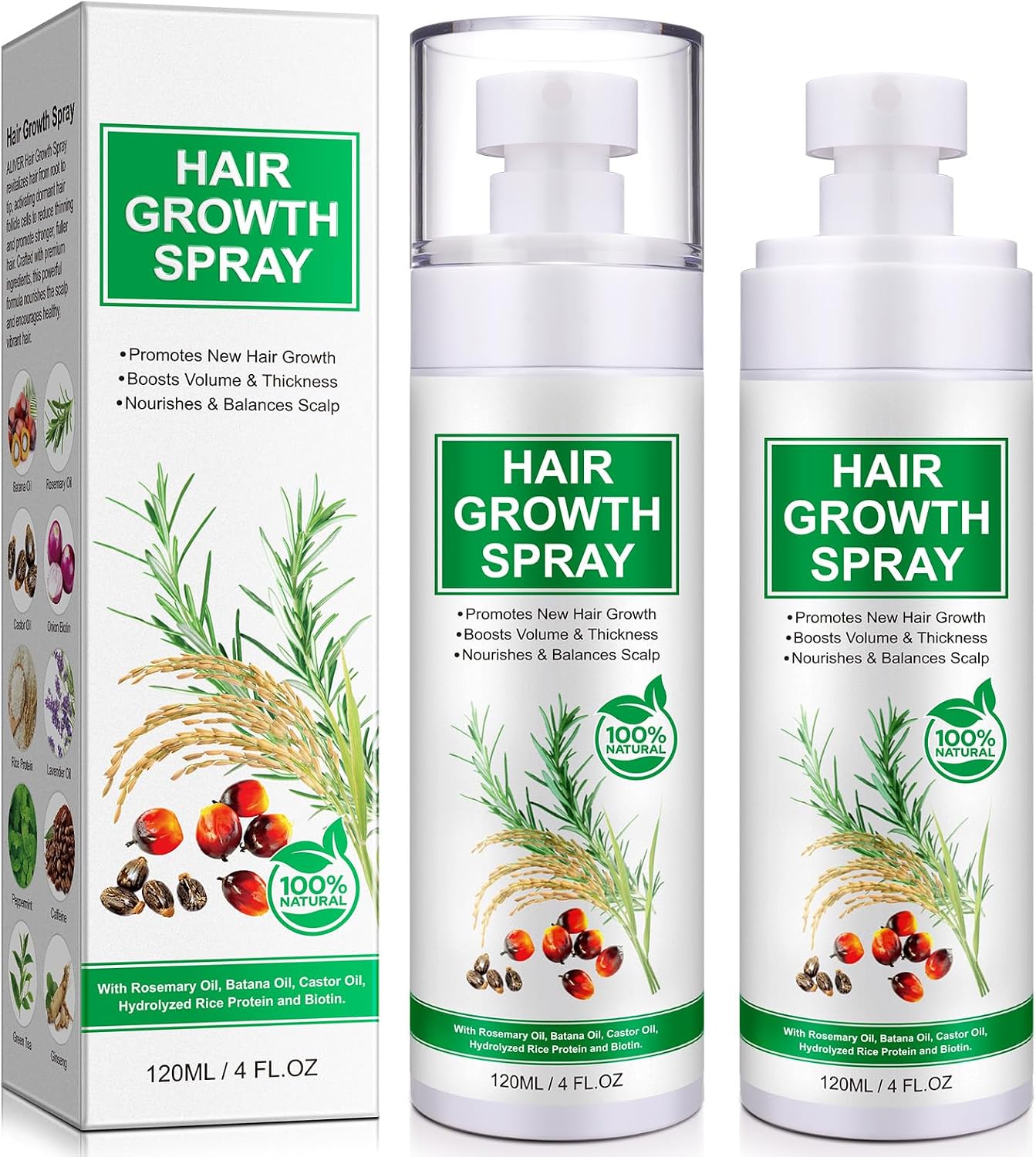 Hair Growth Serum Spray, 2 Pack Hair Growth Spray With Rosemary, Batana & Castor Oil, Biotin Caffeine Ginseng for Scalp Care, Thinning & Loss Hair Regrowth Thickening for Women Men