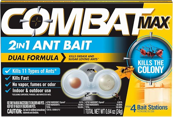 Combat Max 2in1 Ant Bait Station, Indoor & Outdoor Use, 4 Count | Destroys entire ant colony, dual formula for sugar and protein ants, child-resistant, transparent station for easy monitoring