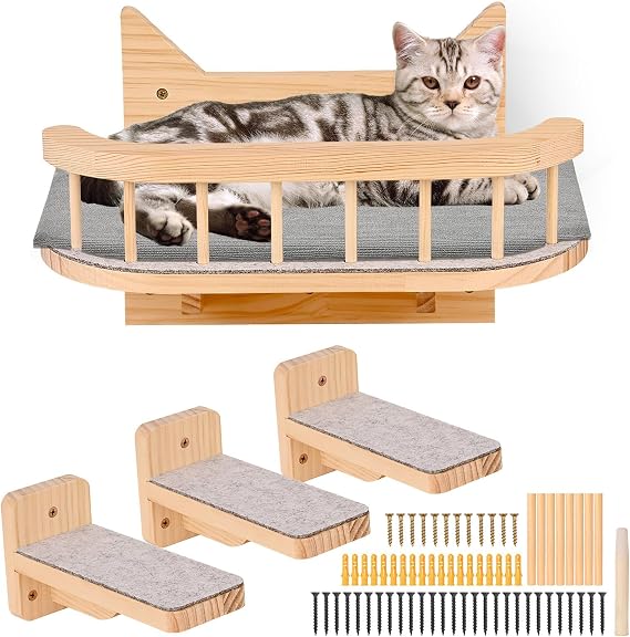 Wall Shelf for Cats with 3 Steps, Hammock Climbing Shelves, Wooden Cat Ladder Indoor Wall Shelf for Climbing, Playing, Sleeping, Jumping, with Cushion and Felt