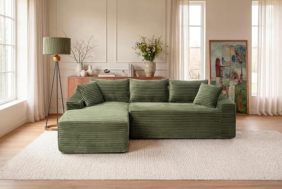 94.5-Inch L-Shaped Cloud Sectional Couch Modular Corner Sofa with Square Armrests, Left Facing Compressed Boneless Corner Sofa Pet Friendly Foam Couch W/Chaise Lounge
