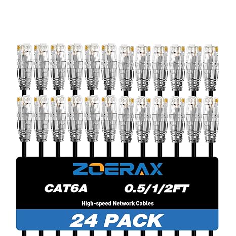 Cat6a Patch Cables 1ft (24 Pack), Slim Cat6 Ethernet Patch Cable 10Gbps 550MHz, RJ45, Gold-Plated Connectors, Internet for PC, TV, Tablet, Router, Printer, Servers, IT Data Center