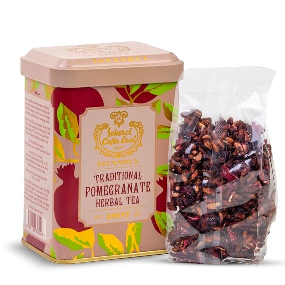 Sekerci Cafer Erol Premium Pomegranate Tea 150g/5.3oz | Luxurious Turkish Fruit Tea, Reusable Tin Gift Box, Loose Leaf Blend with Dried Pomegranate Seeds & Hibiscus