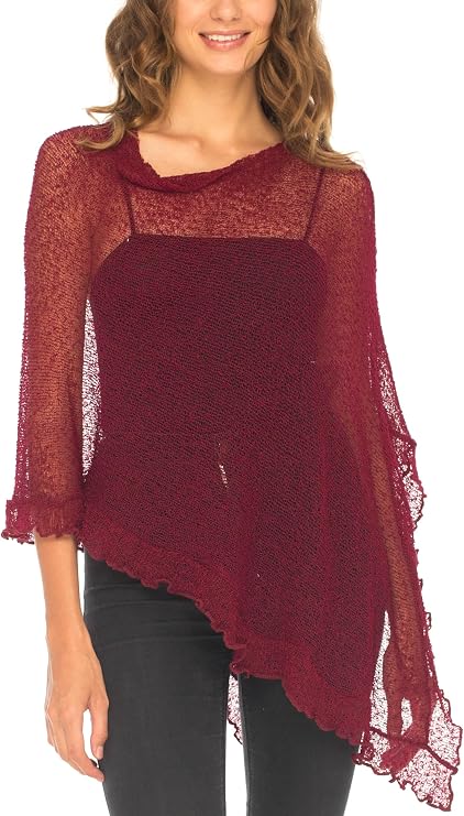 SHU-SHI Womens Sheer Knit Poncho Shrug Lightweight Asymmetrical Ruffle Wrap Dressy Summer Shawl Cover Up Top