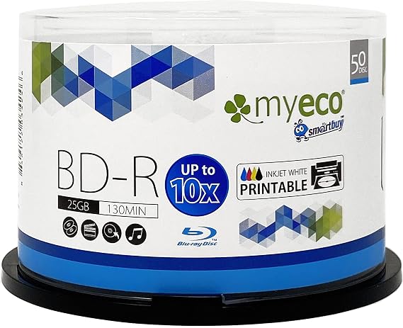 50 Pack Myeco Bd-r BDR Blu-ray 25gb White Inkjet Hub Printable Blank Disc | Upto 10x, Single Layer Write-once Data Video Media Blu-ray Disc, White Surface for Inkjet Printer, Cakebox Spindle Packaging