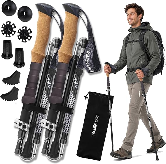 Trekology Trek-Z Hiking Trekking Poles, Walking Stick for Men, Women, 2pc | Foldable, collapsible, adjustable lightweight aluminum staff for seniors; folding, retractable for travel, trails, balance