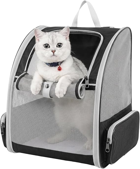 Cat Backpack Carrier - Foldable Pet Carriers for Cats & Small Dogs, Lightweight Breathable Cat Backpack with 3-Side Mesh Windows & 2 Pockets, Cat Carriers & Travel Products