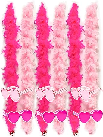 JICASTO Colorful Feather Boas 6 Packs, 6.6ft Turkey Boas for Women for Bachelor Party Halloween,with Heart Sunglasses